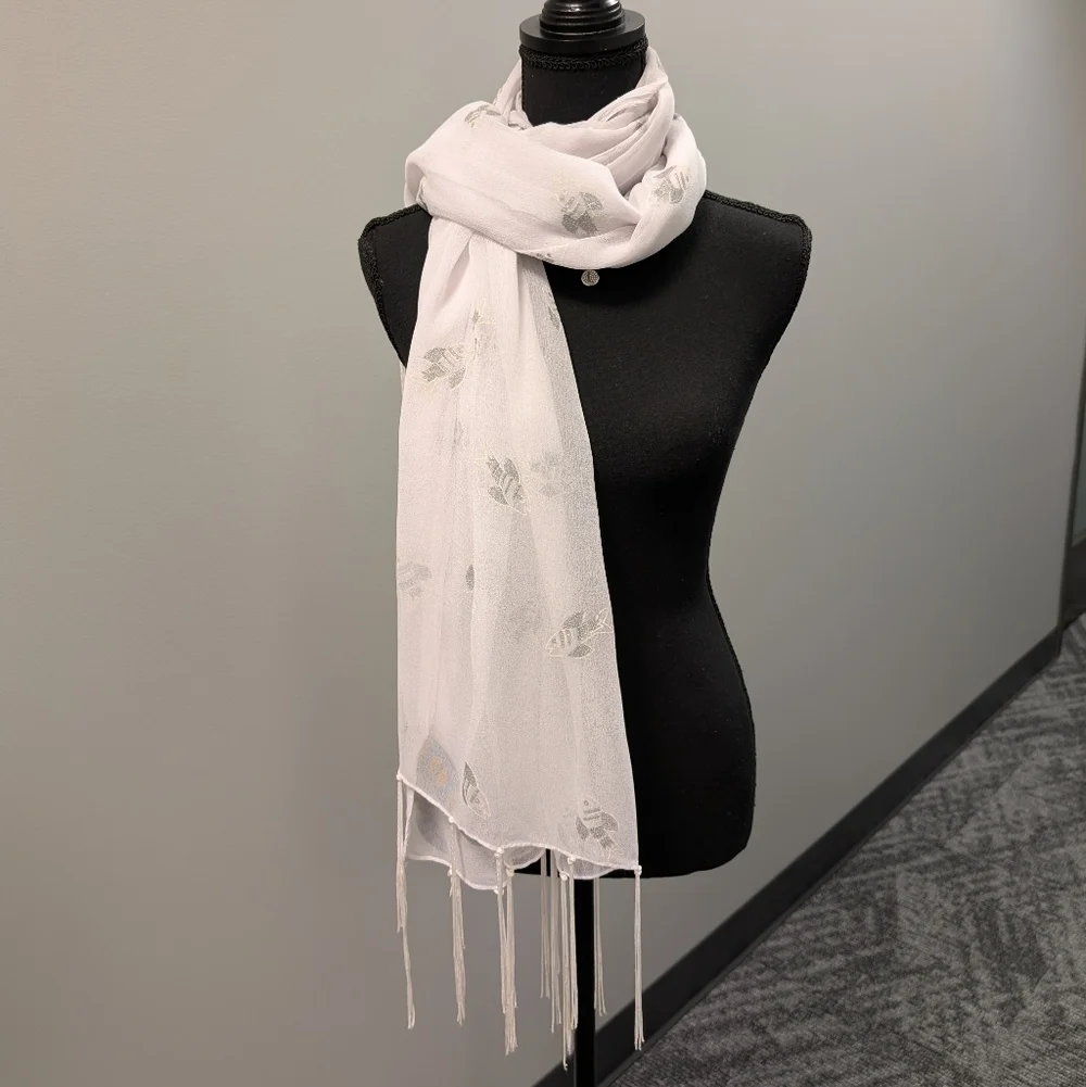 Aremar White Fish Print Scarf Tassel Trim Sheer Novelty Coastal